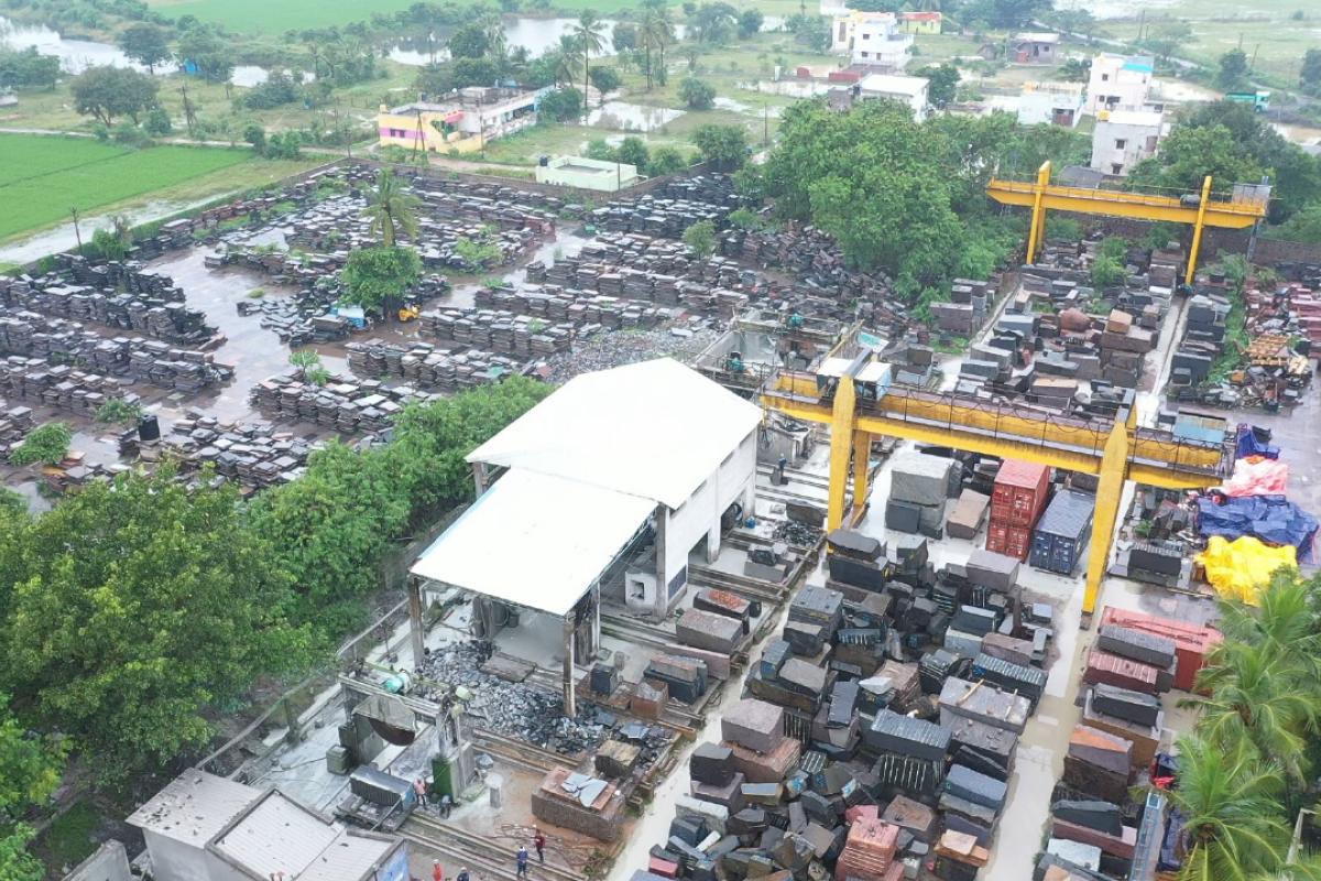 Overview of warehouse site storing granite